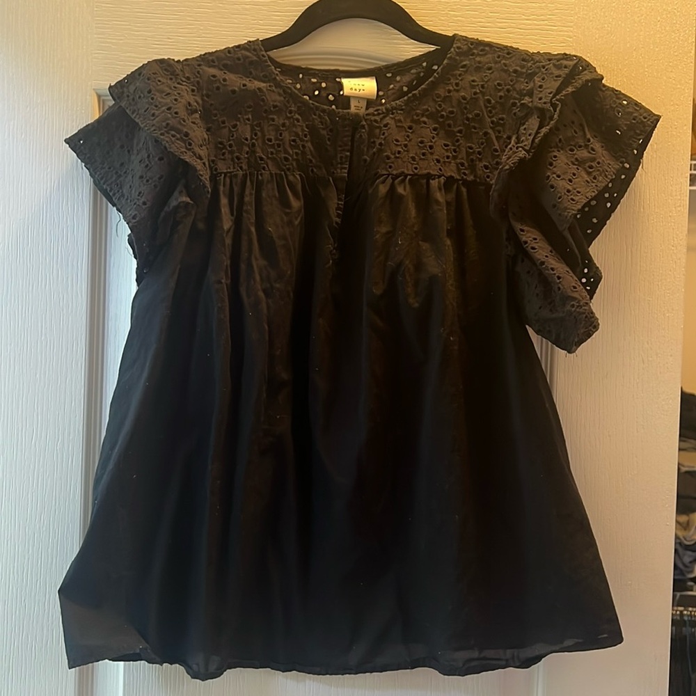 A new day, black target lace ruffle top blouse